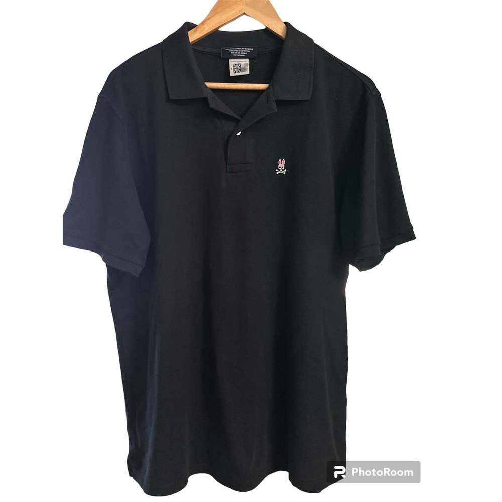 Pshycho Bunny Mens black classic Polo Shirt short sleeve pima cotton size 7